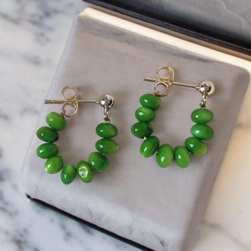 NEW 14K yellow gold plated with green glass beaded BoHo earrings jewelry B28A